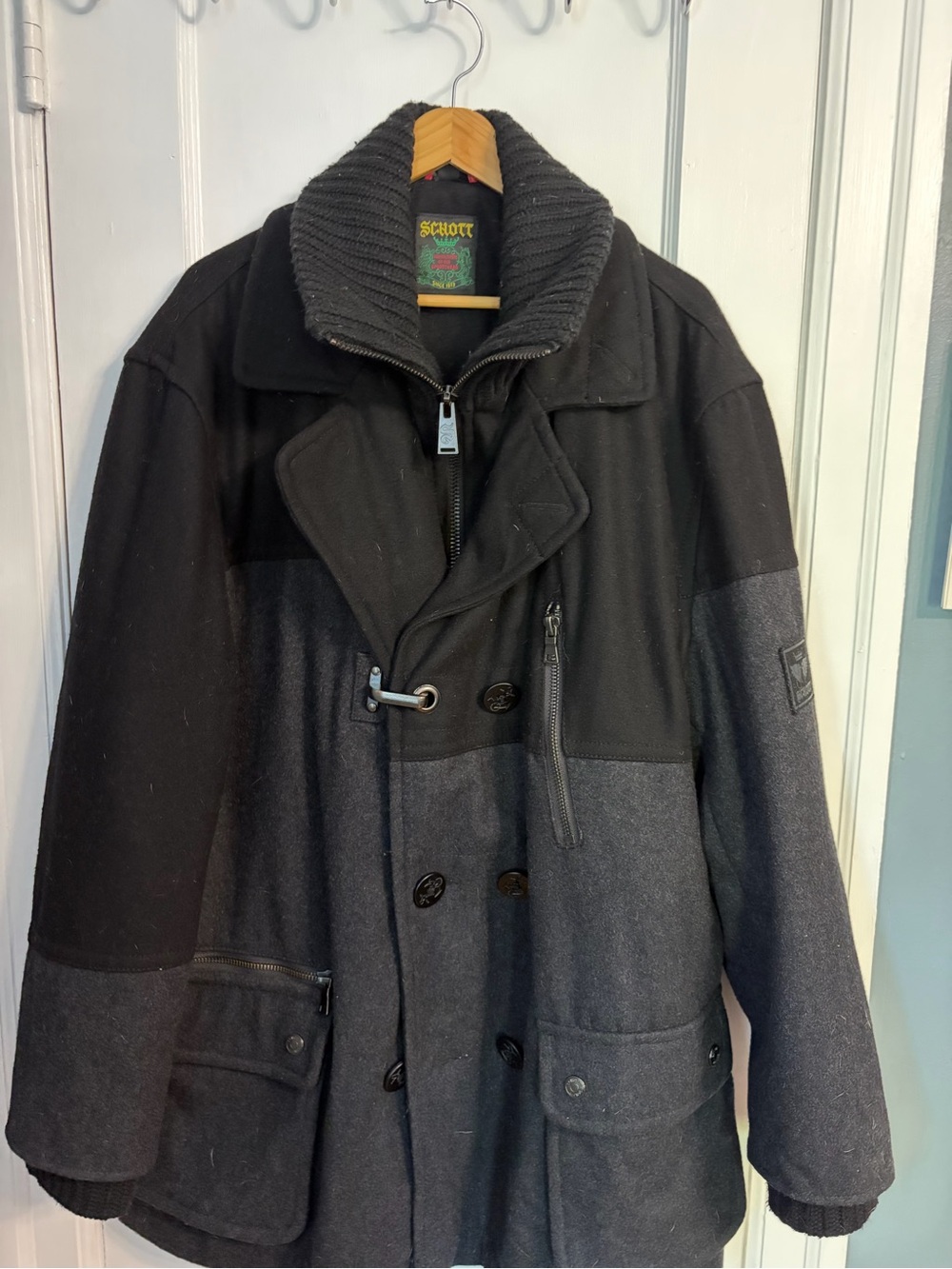 Schott NYC Two-Tone Black & Charcoal Wool Winter Coat